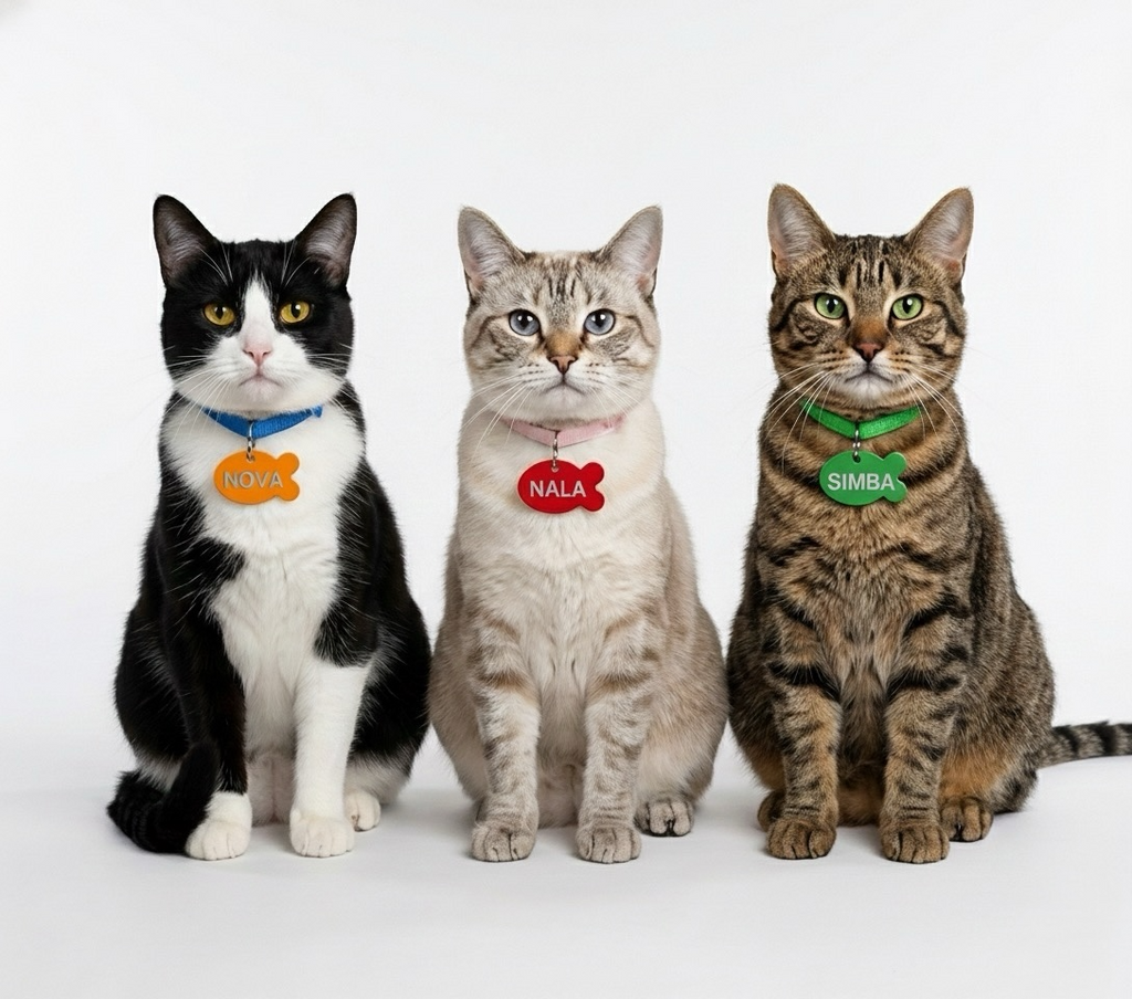 Fischförmige Aluminium Marke mit Gravur in 10 Farben - Leicht für Katzen