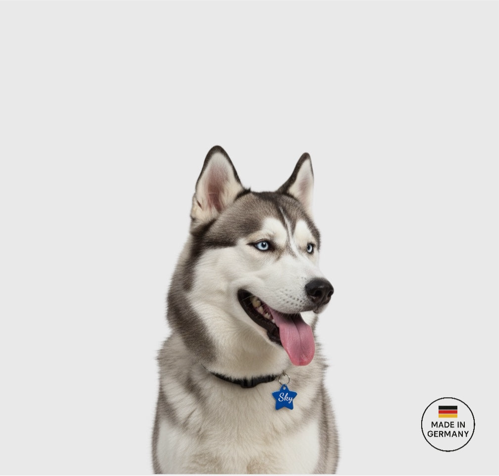 Aluminium Hundemarke in Sternform mit beidseitiger Gravur: Name des Hundes und Adresse und Telefonnummer. Verfügbar in 10 Farben. Schnelle Lieferzeit 1-3 Tage.