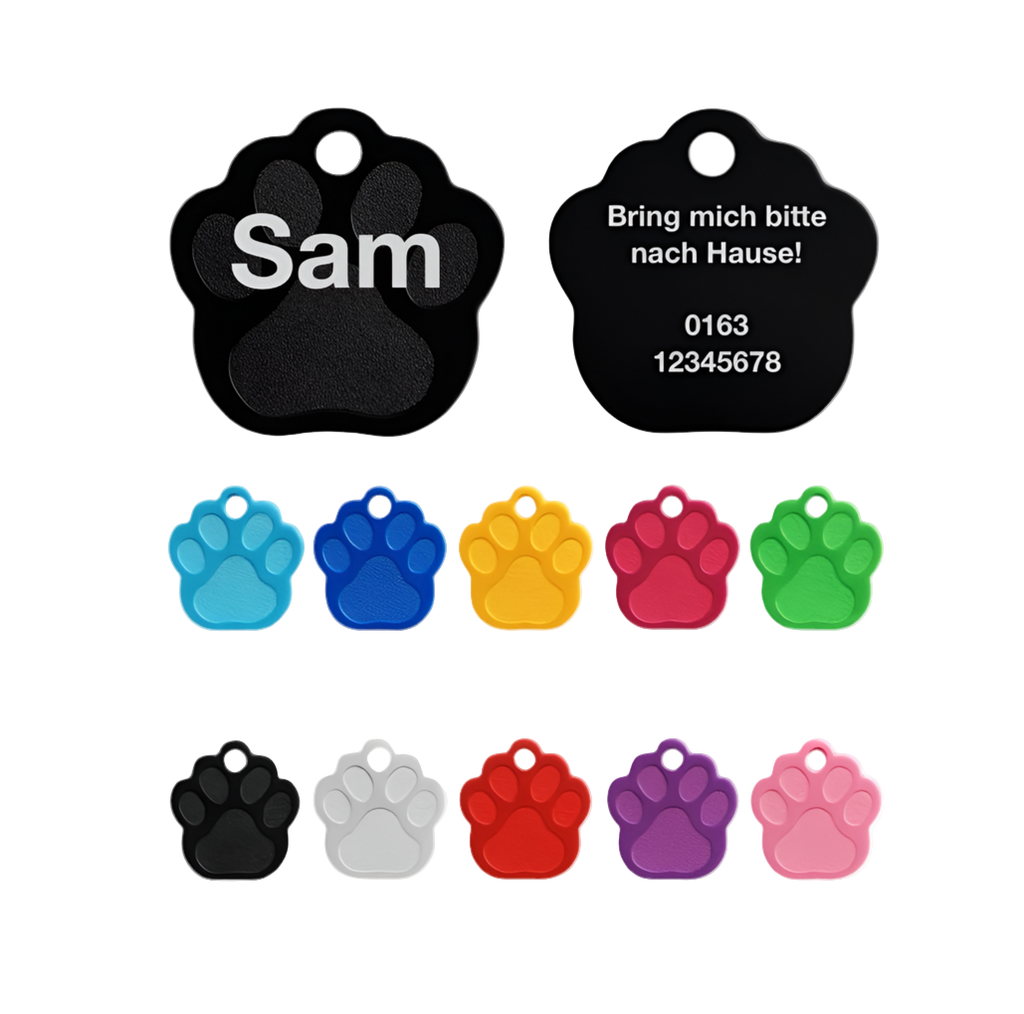 Aluminium Hundemarke in Pfotenform gefertigt. inklusive beidseitiger Gravur: Name des Hundes und Adresse und Telefonnummer. Verfügbar in 10 Farben. Schnelle Lieferzeit 1-3 Tage.