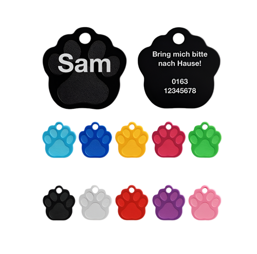 Aluminium Hundemarke in Pfotenform gefertigt. inklusive beidseitiger Gravur: Name des Hundes und Adresse und Telefonnummer. Verfügbar in 10 Farben. Schnelle Lieferzeit 1-3 Tage.