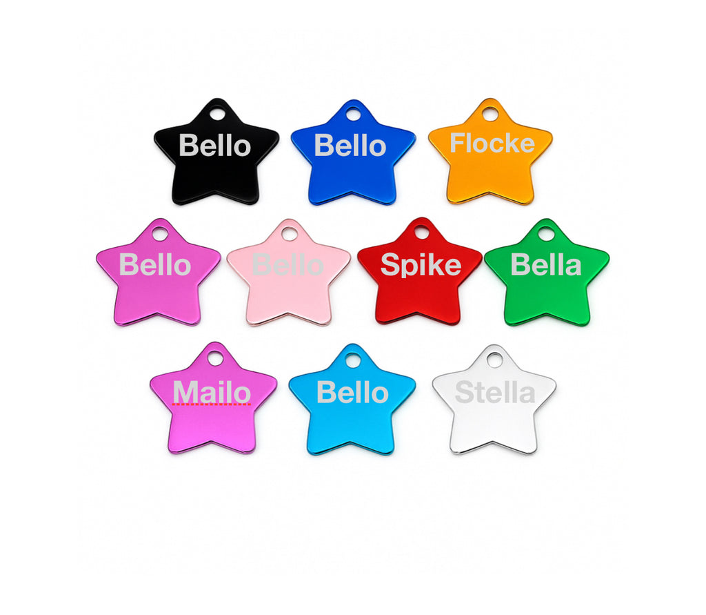 Sternförmige Aluminium Hundemarke mit beidseitiger Gravur: Name des Hundes und Adresse und Telefonnummer