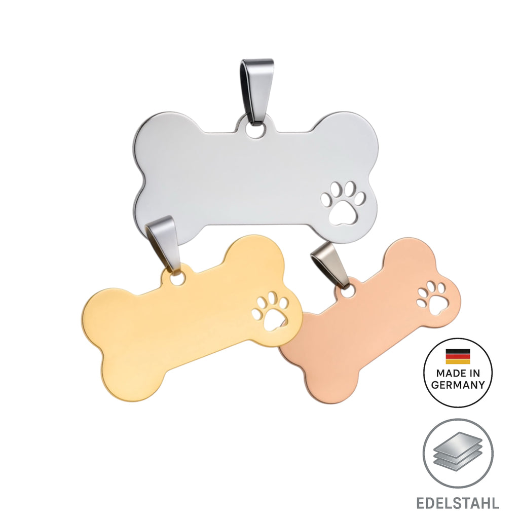 Edelstahl Hundemarke Knochenform mit kostenloser Gravur in Silber, Gold und Rosé Gold verfügbar. Nur 1-3 Tage Lieferzeit.