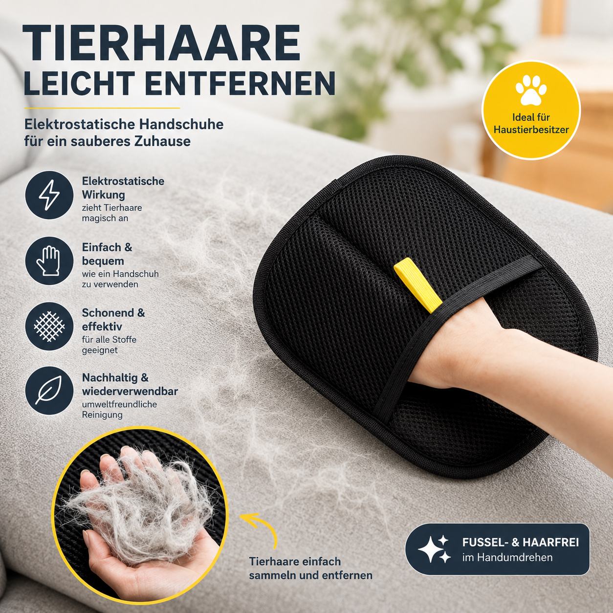 Tierhaar-Entferner Handschuh – Wiederverwendbarer Fussel- & Haarentferner für Sofa, Kleidung und Auto