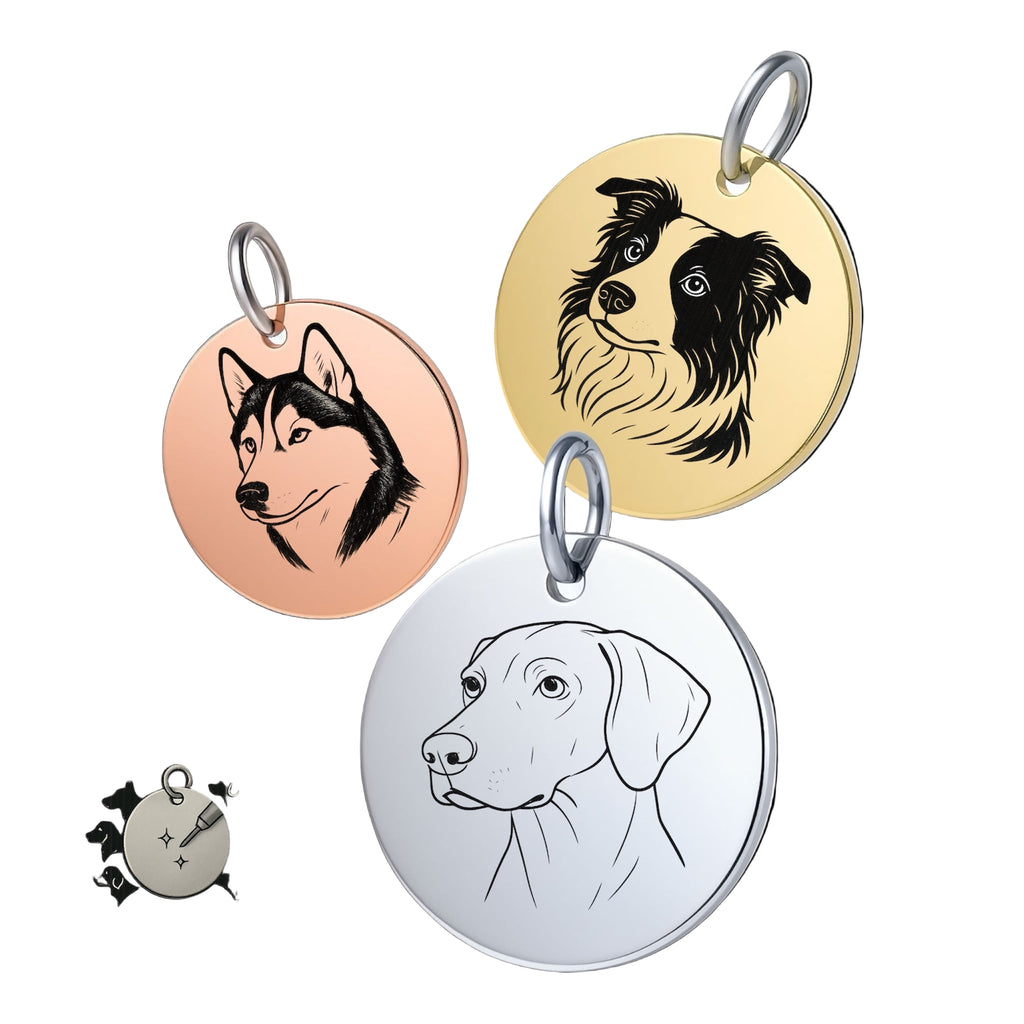 Runde gravierte Hundemarke aus Edelstahl mit Motiv deines Vierbeiners – personalisiert mit Namen und Telefonnummer