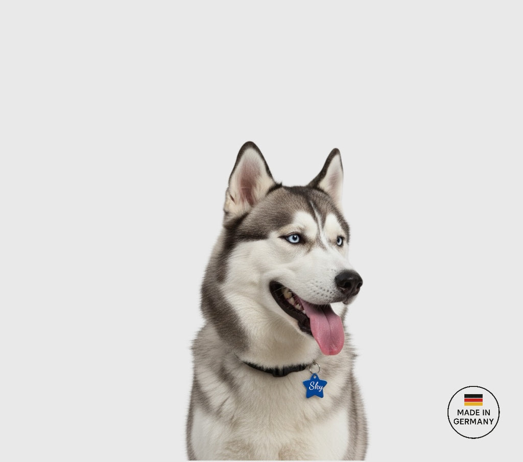 Aluminium Hundemarke in Sternform mit beidseitiger Gravur: Name des Hundes und Adresse und Telefonnummer. Verfügbar in 10 Farben. Schnelle Lieferzeit 1-3 Tage.