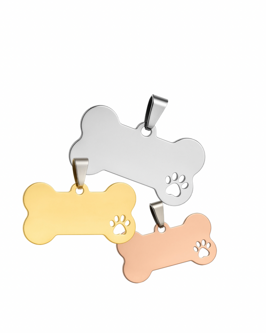 Edelstahl Hundemarke Knochenform mit beidseitiger Gravur: Name des Hundes und Adresse und Telefonnummer