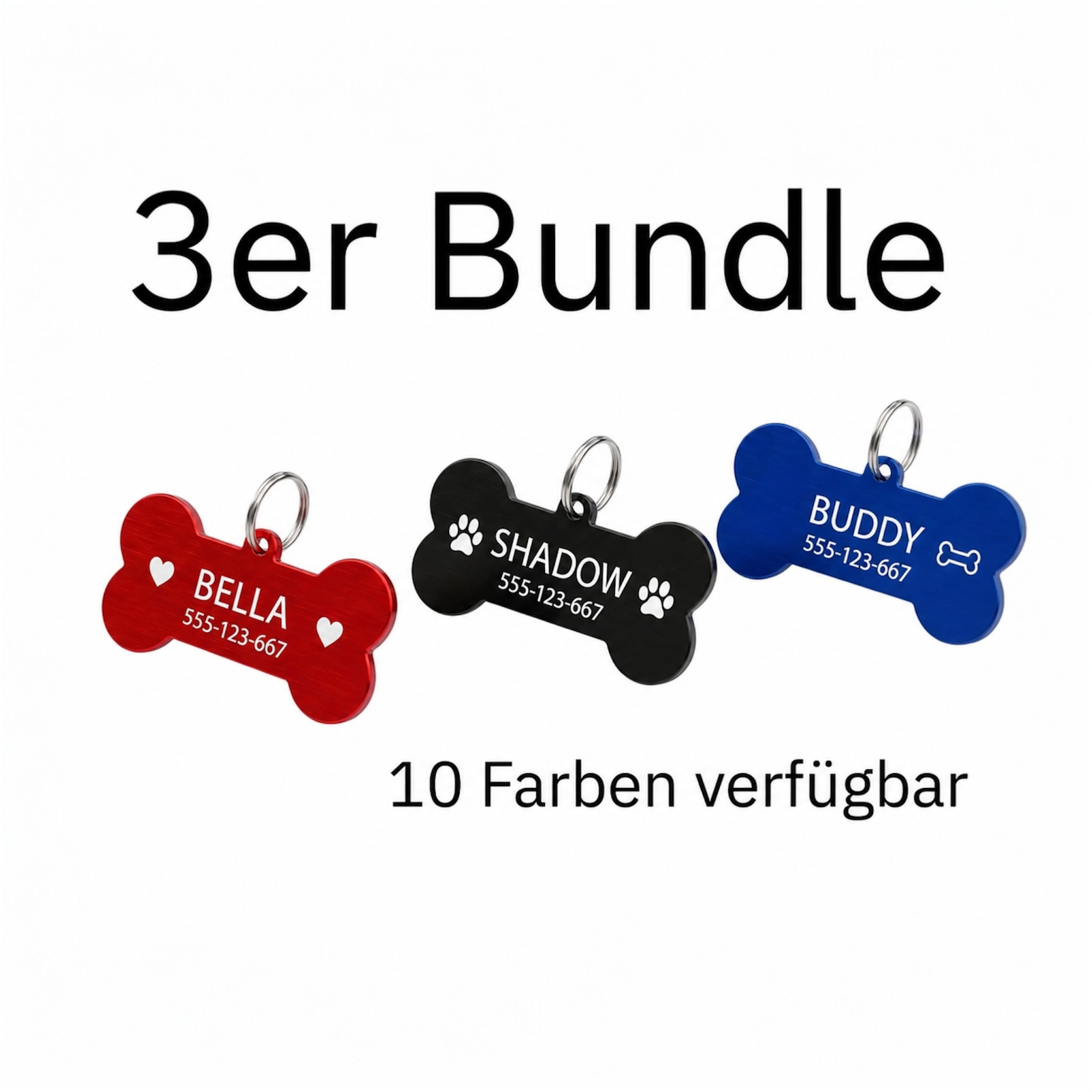 3er Set Hundemarken aus Aluminium – 8 verschiedene Formen zur Auswahl + GRATIS Ringe