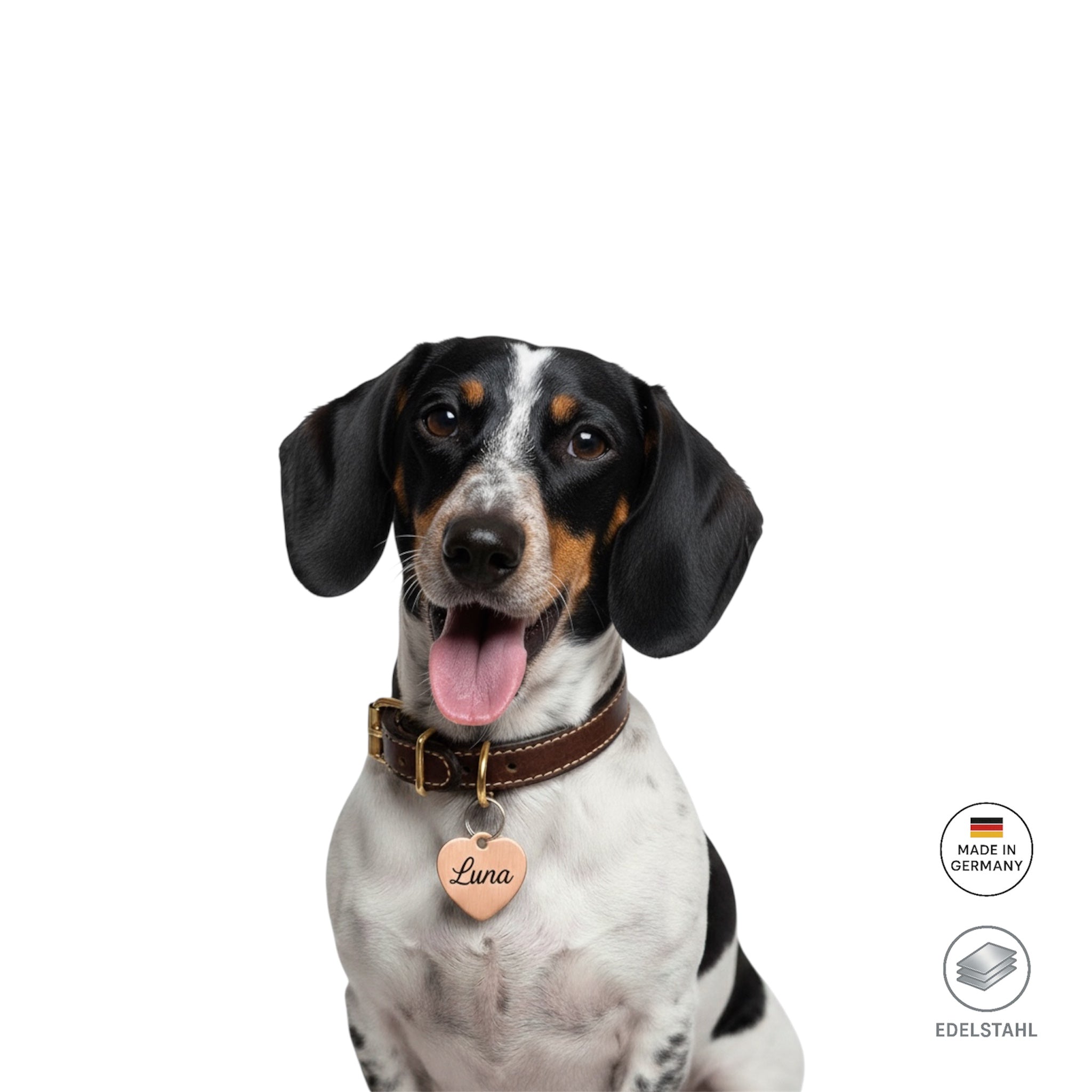 Herzförmige Edelstahl Hundemarke Mist kostenloser Gravur in 3 Farben verfügbar. Nur 1-3 Tage Lieferzeit.
