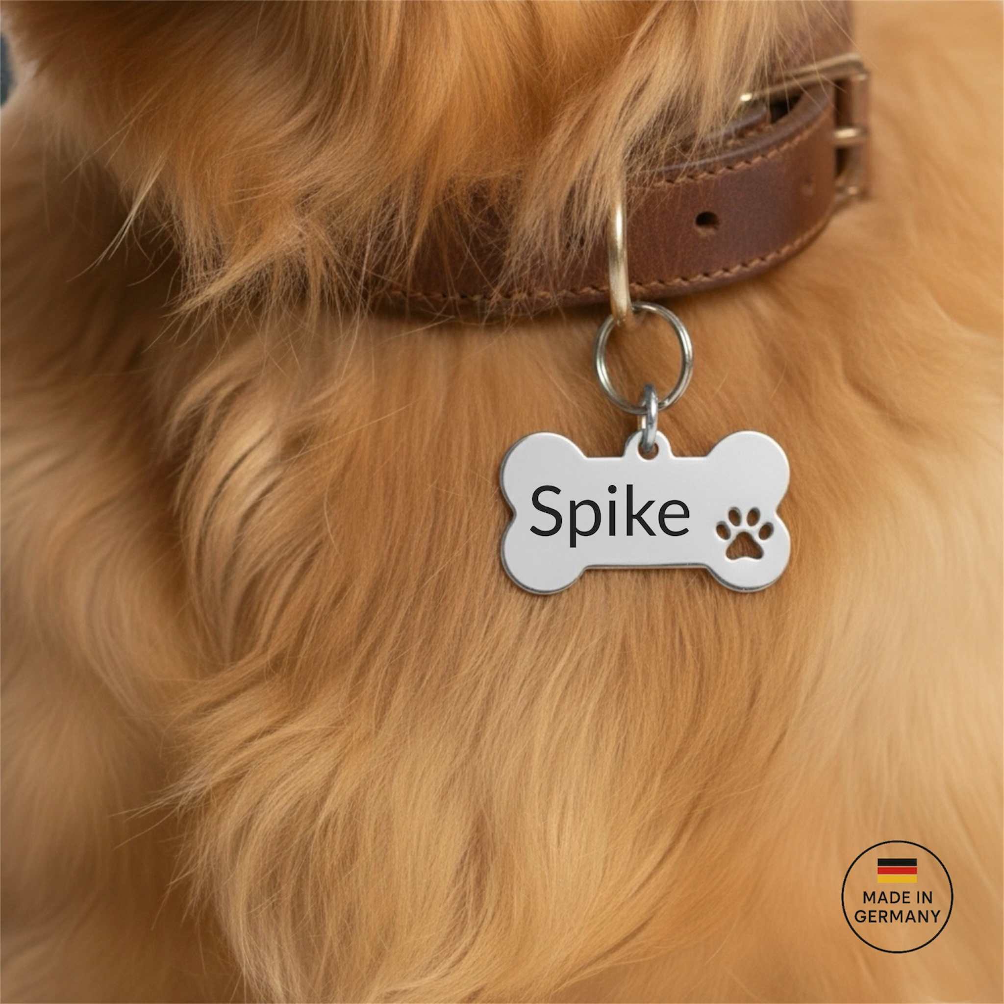 Edelstahl Hundemarke Knochenform mit kostenloser Gravur in Silber, Gold und Rosé Gold verfügbar. Nur 1-3 Tage Lieferzeit.