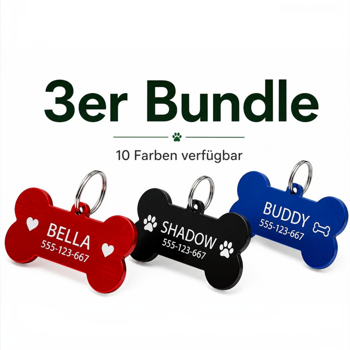 3er Set Hundemarken aus Aluminium – 8 verschiedene Formen zur Auswahl + GRATIS Ringe