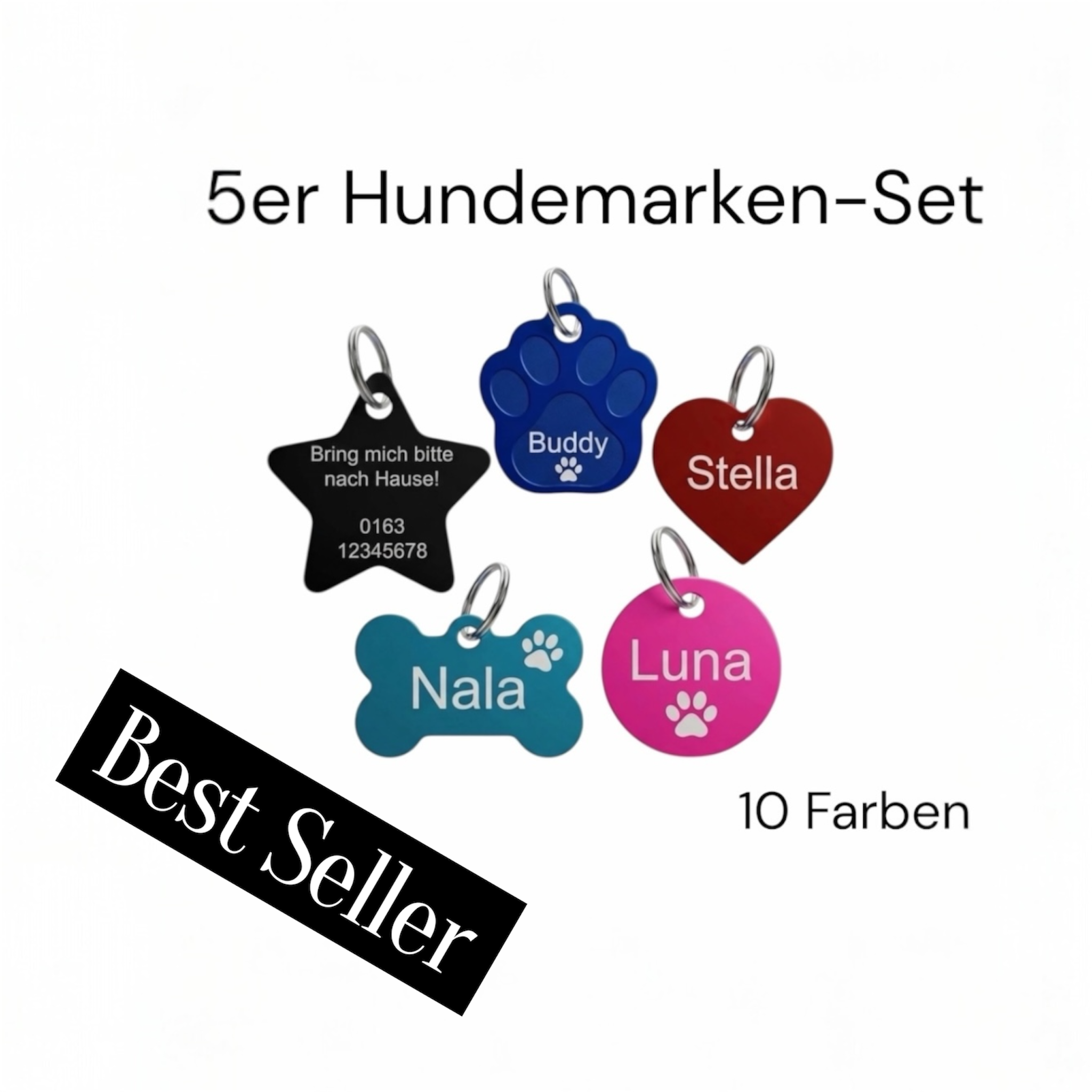 Personalisierte Hundemarken 5er Set mit Gravur & Ringen – Aluminium Hundemarke Bundle für mehrere Hunde